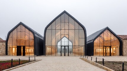 Contemporary architectural structure features three adjoining vaulted pavilions with extensive glass facades