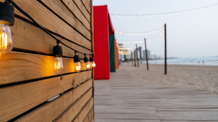 String of glowing Edison light bulbs on wooden wall at beach. Outdoor decoration for summer evening event. Boardwalk leading to ocean at twilight with city skyline in background