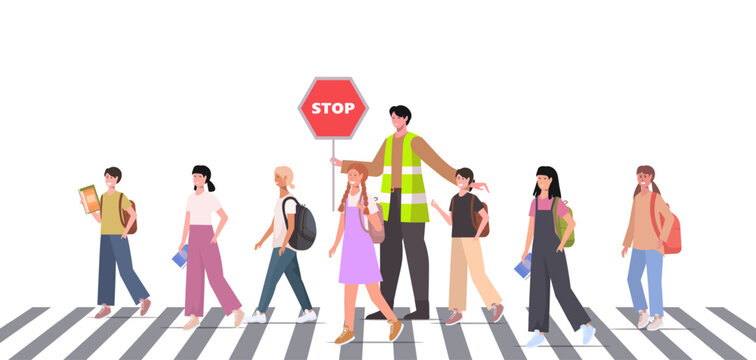 A crossing guard in a safety vest assists children as they cross the road at a crosswalk. A man holds a stop sign. Vector Not AI generated