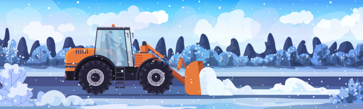 Snow plow drive tackles snowy road on bad weather and snow fall. Winter road, rural landscape. Vector Not AI generated