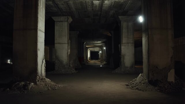 Dark underground tunnel with concrete pillars and dim lighting. Abandoned space evoking mystery and exploration potential
