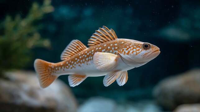 A sebastes marinus fish with orange and white spots swims in a tank