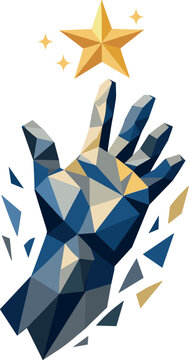 Reaching for Ambition. Low-poly vector illustration of a human hand reaching upward toward a glowing star as a symbol of ambition