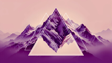Geometric landscape with symmetrical mountain peaks framed by triangles. Minimalist concept art symbolizing nature and balance, meditation, strength and harmony for modern interiors, branding, posters