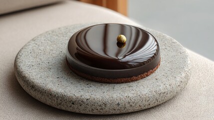 Chocolate tart with mirror glaze and single gold accent dot, minimalist stone plate, neutral editorial background