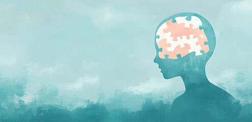 Illustration of a silhouette with a puzzle piece brain, symbolizing mental health challenges like depression, fatigue, and information overload, conveying inner emptiness and stress