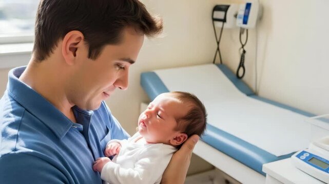 Caring father with gentle mood holding newborn baby during medical visit against pediatric clinic background