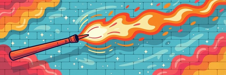 Obraz premium Stylized flaming torch illustration for Mardi Gras celebration. Vector banner with fire on a blue brick wall background. Festive parade or party event graphic.