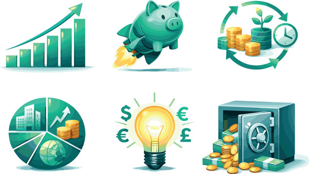 Financial Growth Symbols. Rising bar graph connected to piggy bank with rocket, compound interest cycle, diversified asset pie