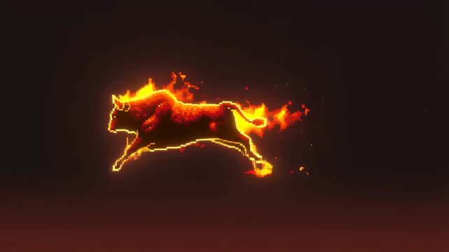 Pixelated fiery bull running with flames trailing behind. Represents power, energy, and dynamic movement in digital art