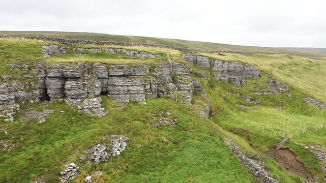 Limestone scarp of High Hurth Edge, Upper Teesdale. Site of Moking Hurth Cave. Important Ice Age environment and cave paleo finds. Human, lynx etc. Video travel west to east across cave entrances
