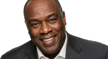Smiling senior black man in suit and white shirt, professional portrait for business and finance Isolated On Transparent Background