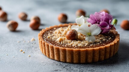Hazelnut praline tart with ultra-thin shell, minimal garnish, light concrete background, precision pastry focus