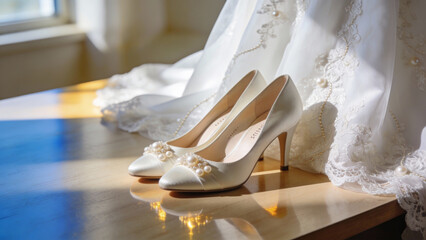 Ultra realistic bridal dress and shoes photo, minimalist wedding photography, elegant stock photo, soft window light, romantic no people composition
