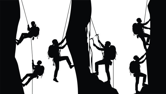Black silhouette of rock climbers scaling steep mountains, mountaineers with ice axes, climbing gear, teamwork, adventure, cad drawing flat vector illustration, isolated.