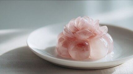 Lychee rose dessert with translucent gel petals, minimalist white plate, soft neutral studio light