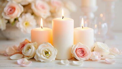 Realistic wedding candles and floral decorations photo, romantic soft light stock photography, cozy wedding atmosphere, warm elegant composition, no people