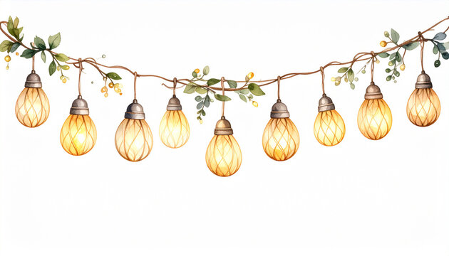 watercolor illustration beautiful fairy lights on white background