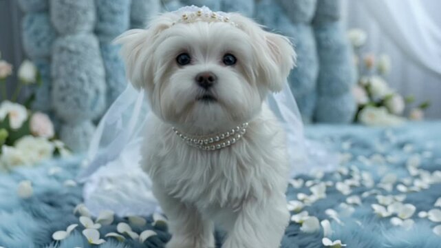 Elegant white Maltese dog poses in wedding attire.