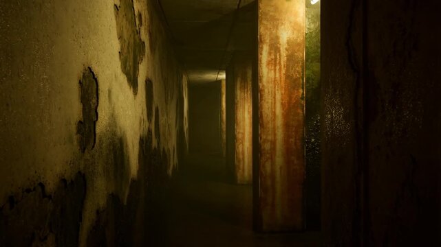 Dimly lit corridor with peeling walls and rusted pillars. An eerie atmosphere suggesting abandonment and decay in a forgotten space