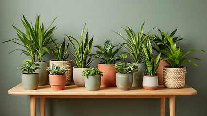 Assorted Potted Houseplants on Wooden Table Against Green Wall