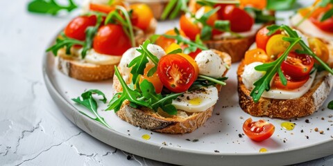 Gourmet Appetizers: A plate is filled with savory bruschetta, artfully arranged and ready to tempt, featuring ripe tomatoes, creamy mozzarella, and fresh arugula