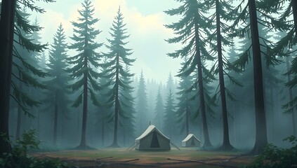 Cartoon Forest Camping Landscape with Tents and Fog. Stylized Vector Nature Background
