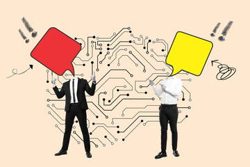 Collage of two men with colored speech bubbles on the head on a pink background with connections