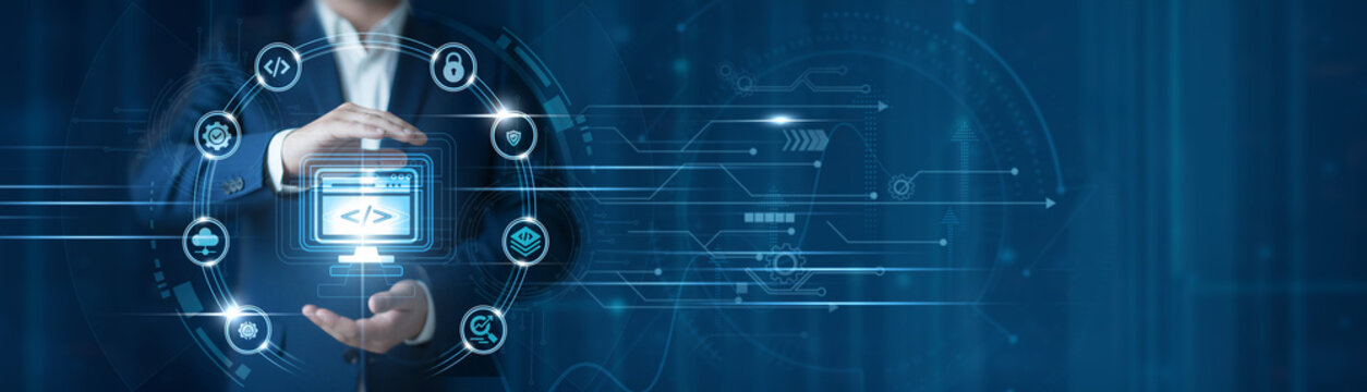 Businessman hand hold web development, coding and programming tools, digital application creation, enterprise website design, agile software environment, business technology solutions