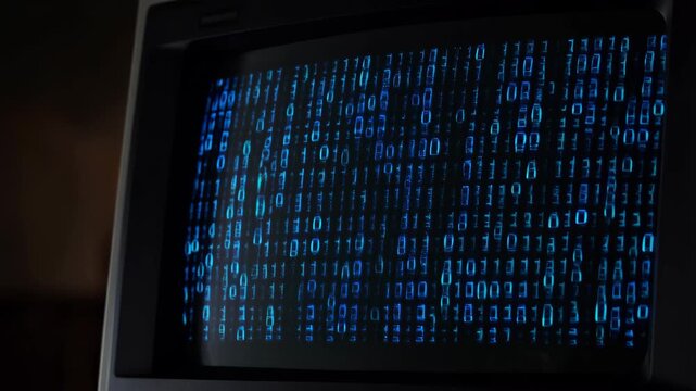 Blue binary code displayed on a vintage computer monitor. Represents data processing, technology, and digital communication in the modern world