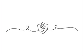 Continuous one-line drawing of an ear inside a shield. Minimalist symbol for hearing protection and auditory safety. Simple black line art on a white background