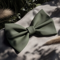 Green bow tie on soft fabric with natural background elements  