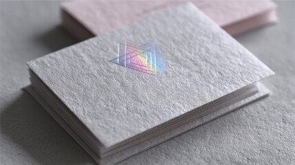 Textured business cards with holographic geometric design on concrete surface