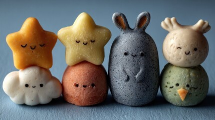 Cute clay characters with star, cloud, and animal faces on blue background