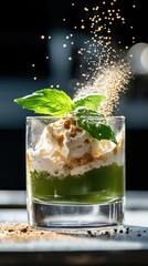 Refreshing matcha coffee fusion with whipped cream and mint garnish in glass