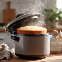 Steaming fresh sponge cake in a rice cooker on kitchen counter