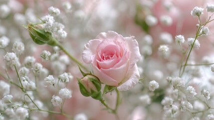 Delicate pink rose bloom surrounded by baby's breath flowers in soft focus
