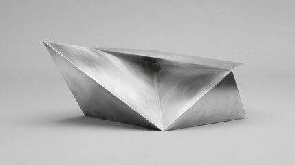 Geometric metallic sculpture with sharp edges on gray background