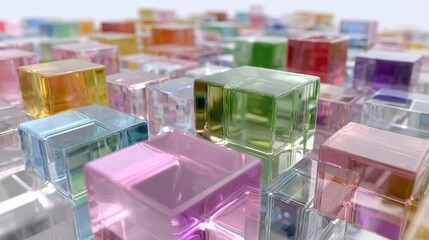 Vibrant transparent cubes in diverse colors and arrangements