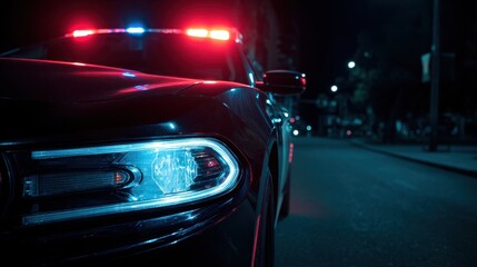 Close-up of police car with flashing red and blue lights at night in urban setting