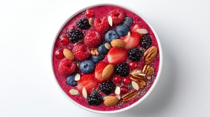 Colorful mixed berry smoothie bowl with nuts and seeds in white bowl