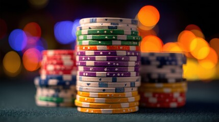 Colorful poker chips stacked on casino table with vibrant bokeh background