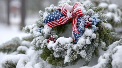 Snow-covered christmas wreath with patriotic ribbon in winter wonderland