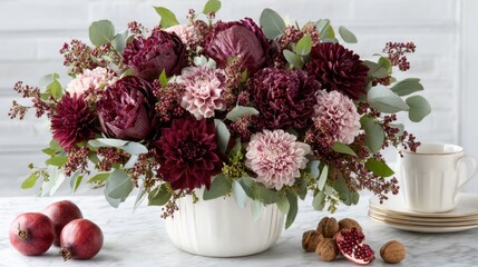 Elegant floral arrangement with burgundy and pink flowers in white vase on marble table