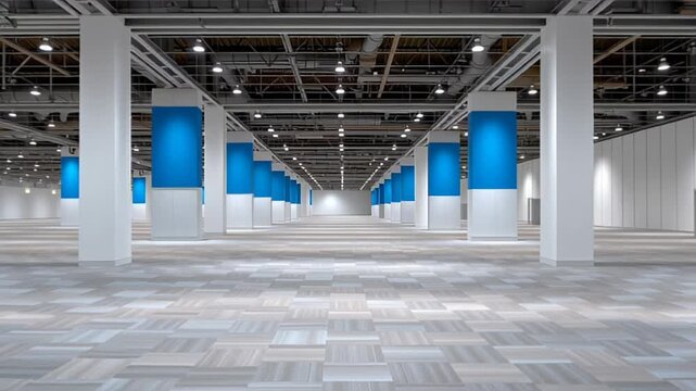 Vast empty convention center hall with blue-topped pillars.