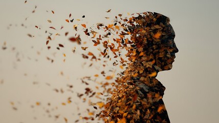 A human silhouette made of autumn leaves dissolving in the wind, calm poetic surreal art, soft focus and cinematic tone, 