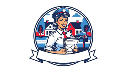 Vintage pin-up style vector illustration of a female postal worker made for delivery logo badges and service branding, with flat solid colors, retro street scene, and emblem design
