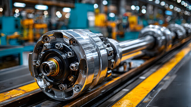 Close-up of a heavy-duty truck axle assembly on an assembly line in a manufacturing plant