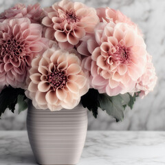 Fresh pink dahlia flowers arranged in a vase on marble surface  