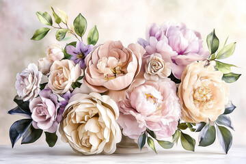 Colorful flower bouquet arrangement with soft pastel blooms and leaves  